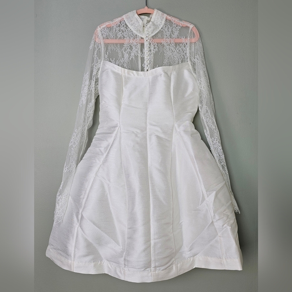 BHLDN Ivory Long-Sleeve High-Neck Lace Fit & Flare Mini Dress - Picture 7 of 14